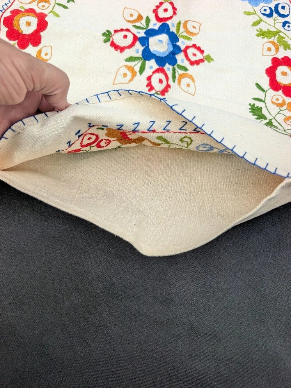 Vintage Hand-Embroidered Floral Canvas Cushion Cover in Cream And Multicolor